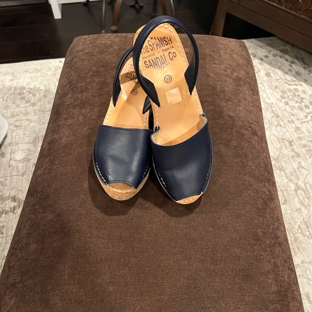 The Spanish Sandal Co. Women’s Leather Cork Wedges Size 39 Navy - Picture 6 of 14